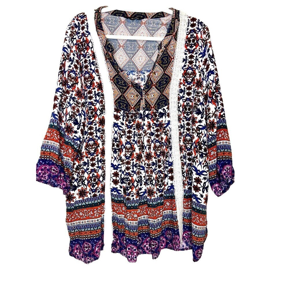 Ali Miles Women's Boho‎ Shirt Top Oversized Multicolor Cottage Bell Sleeve
